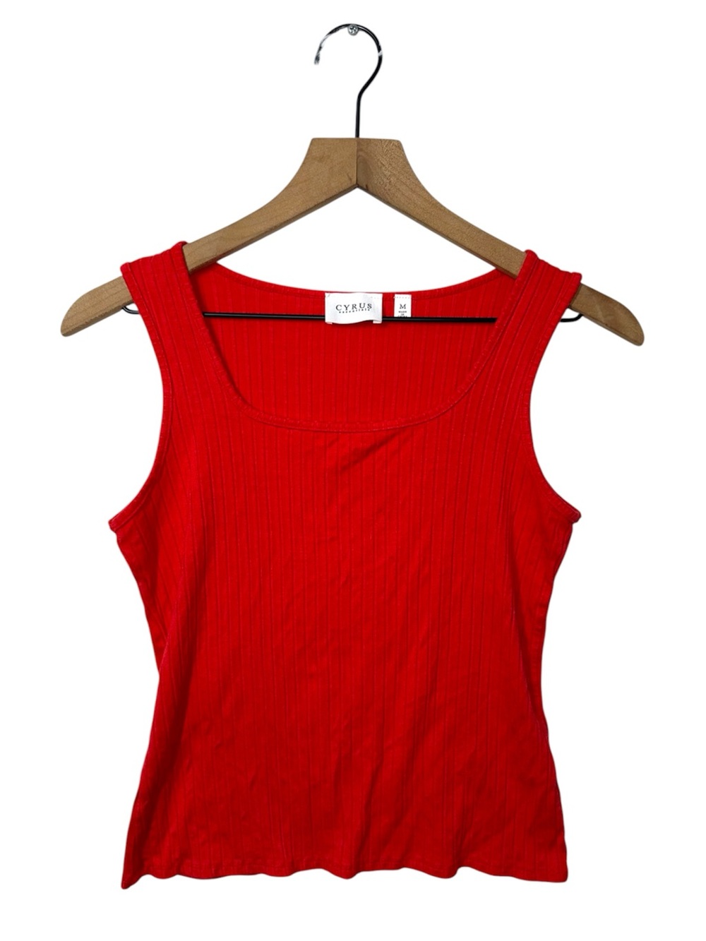 Cyrus Essentials Ribbed Square Neck Tank Top Rayon Stretch Wide Strap Y2K